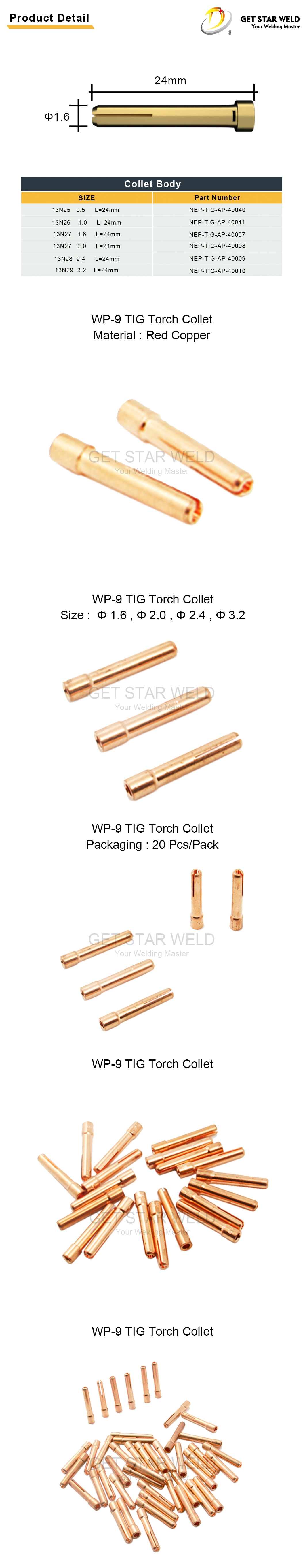 Get Star Weld Wp-9 TIG Welding Torch Accessories Brass Copper Welding Collet